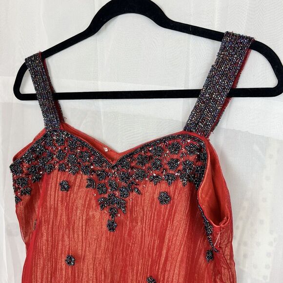red shimmery beaded summer shift mini dress vacation wedding sz Md boho fairy - Picture 4 of 10